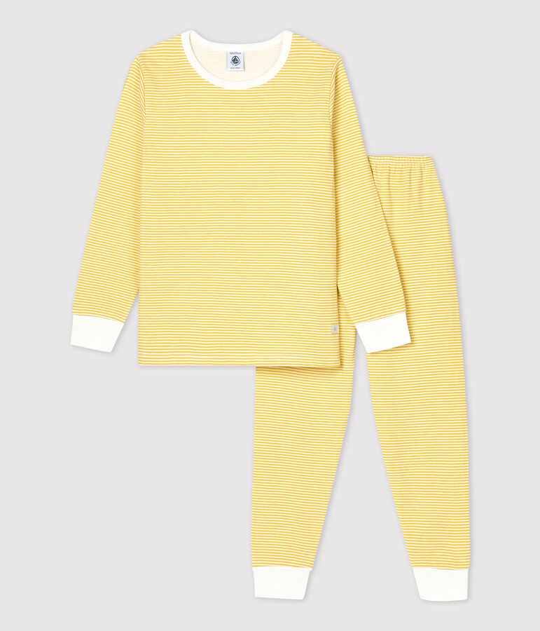 Pijama milrayas amarillo de ni&ntilde;a/ni&ntilde;o de t&uacute;bico de algod&oacute;n org&aacute;nico amarillo/blanco